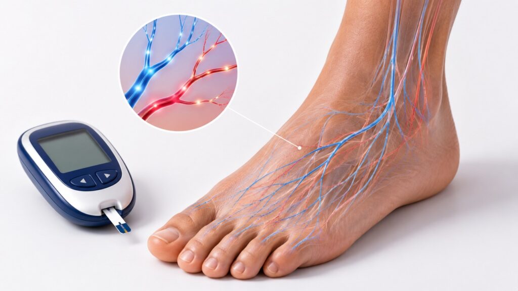 A neuropatia diabética pode afetar os nervos dos pés e causar dormência ou queimação.