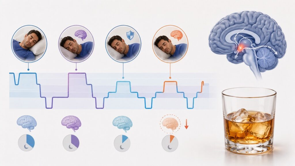 O álcool pode alterar o sono REM e aumentar despertares na madrugada.