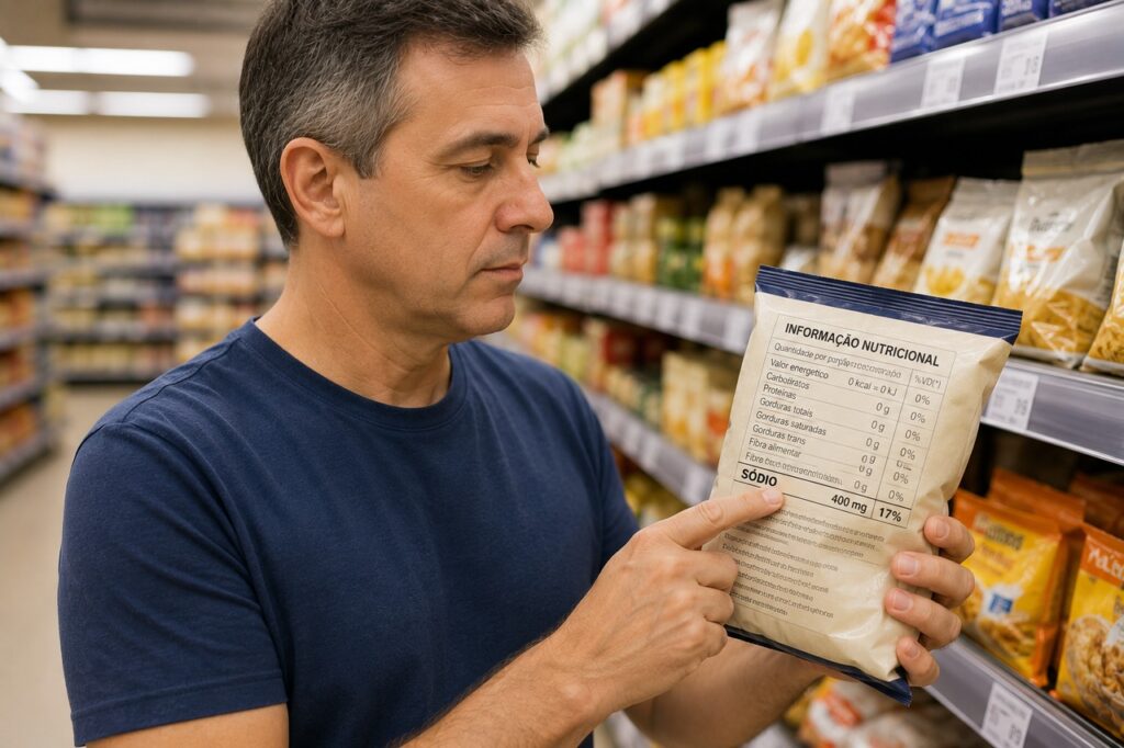Ler o rótulo ajuda a identificar alimentos ricos em sódio antes que eles entrem na rotina.