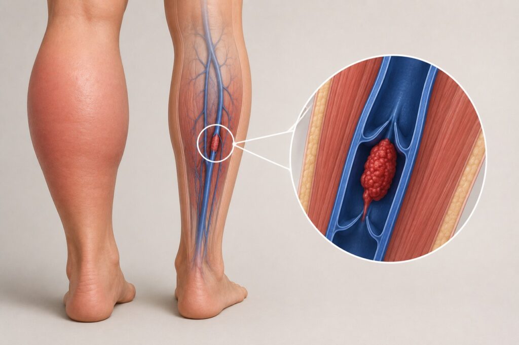 Na trombose, a dor pode vir junto de sinais circulatórios como inchaço, calor e mudança de cor.