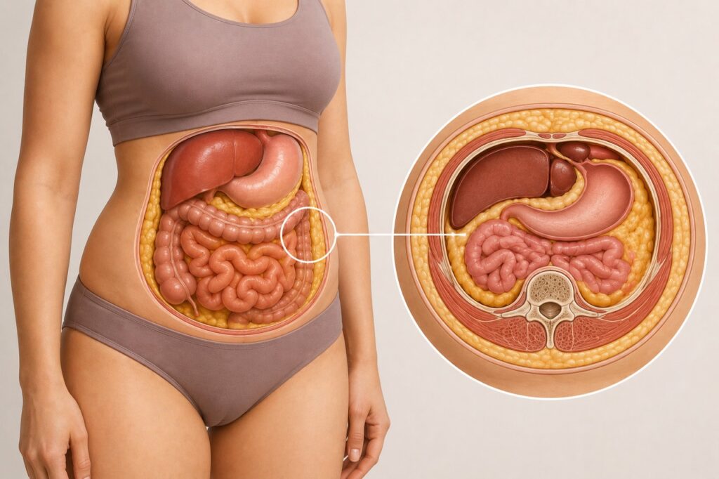 A queda hormonal pode favorecer maior acúmulo de gordura na região abdominal.