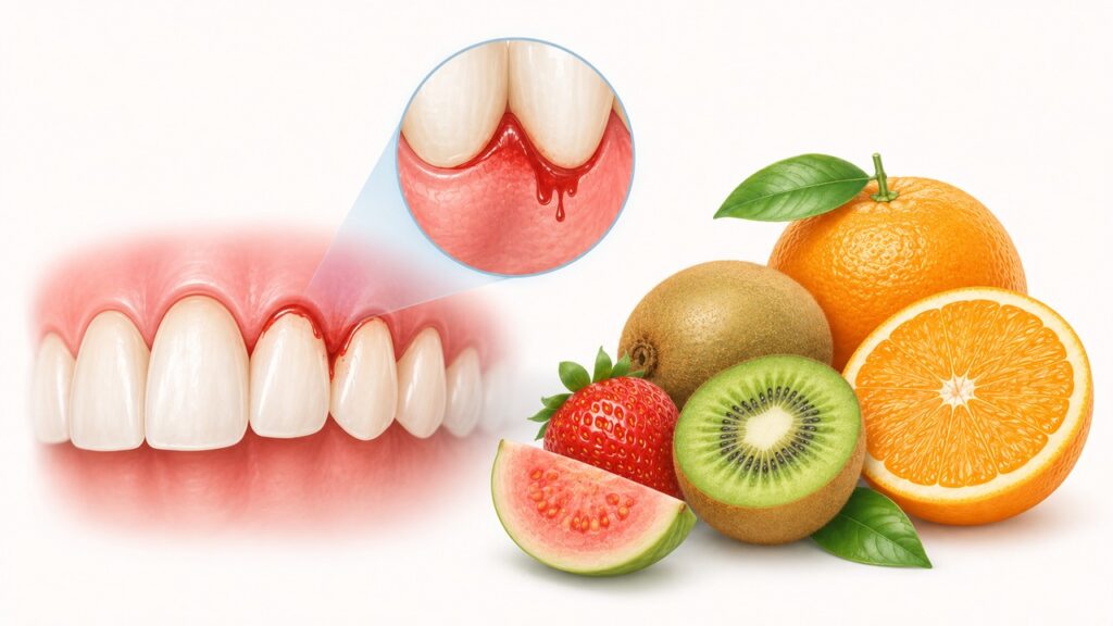 A vitamina C participa da formação de colágeno e ajuda na saúde das gengivas.