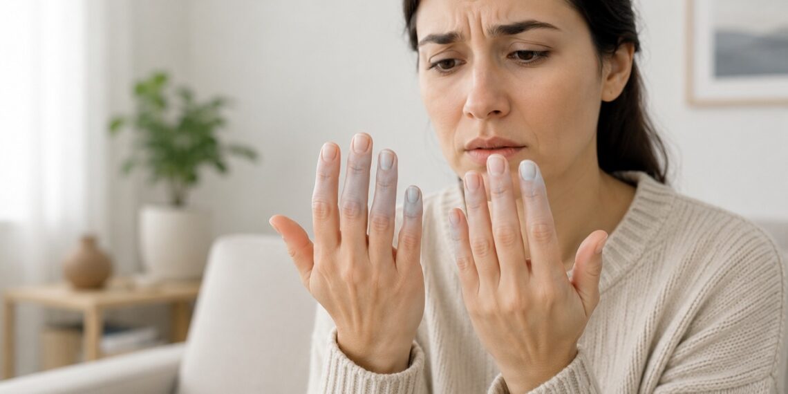 Dedos que mudam de cor no frio podem indicar o fenômeno de Raynaud.