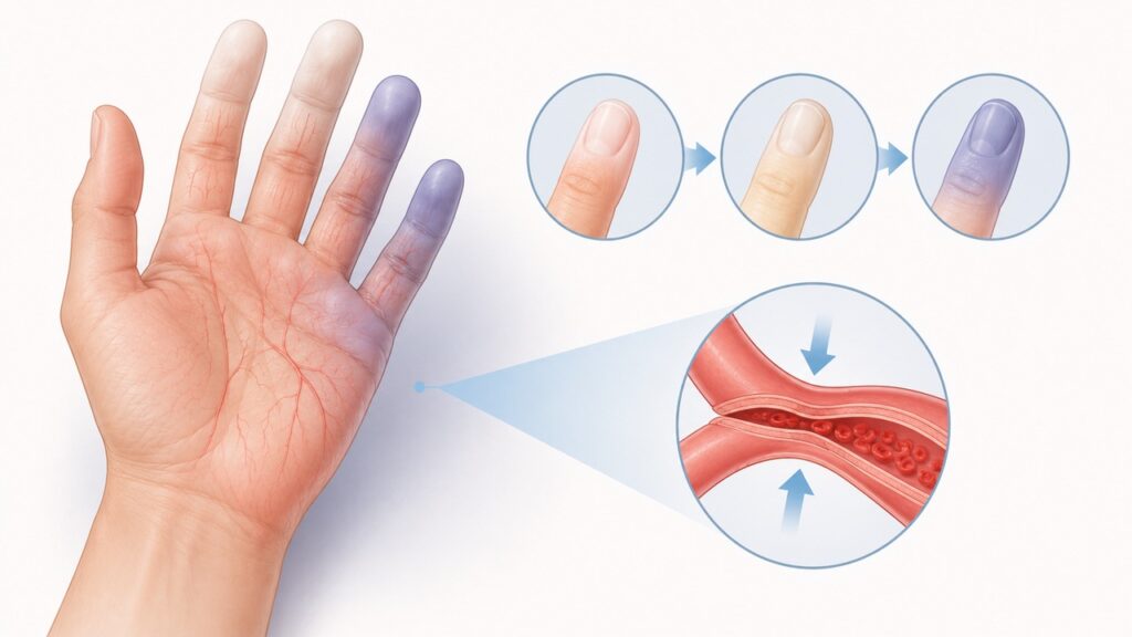 No Raynaud, pequenos vasos dos dedos se contraem e reduzem temporariamente a circulação.