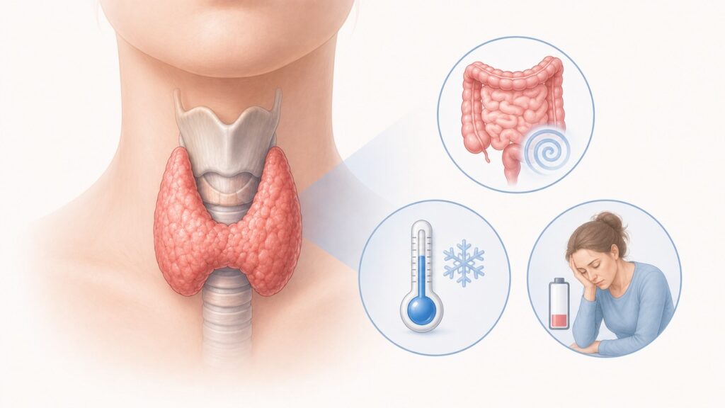 O hipotireoidismo pode deixar o metabolismo mais lento e afetar energia, temperatura e intestino.
