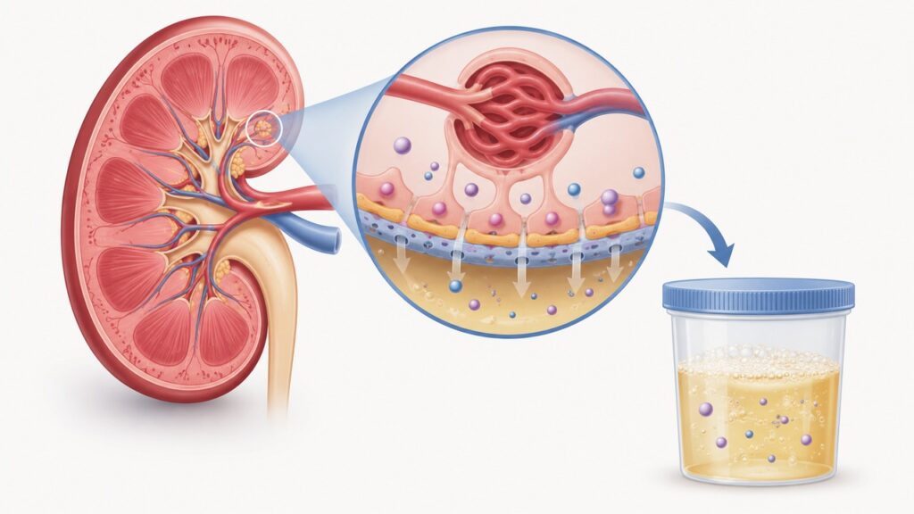 A perda de proteína pela urina pode indicar alteração na filtragem dos rins.