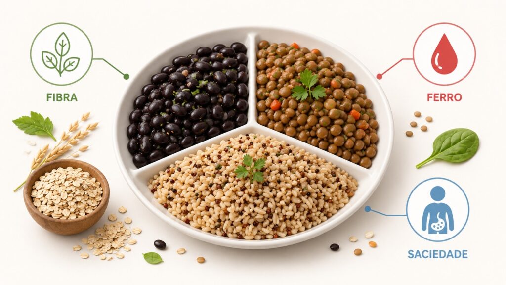 Leguminosas combinam proteína vegetal, fibras e minerais na mesma refeição.