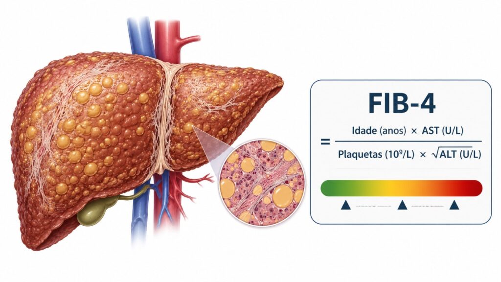 O FIB-4 usa exames de sangue comuns para estimar risco de fibrose hepática.