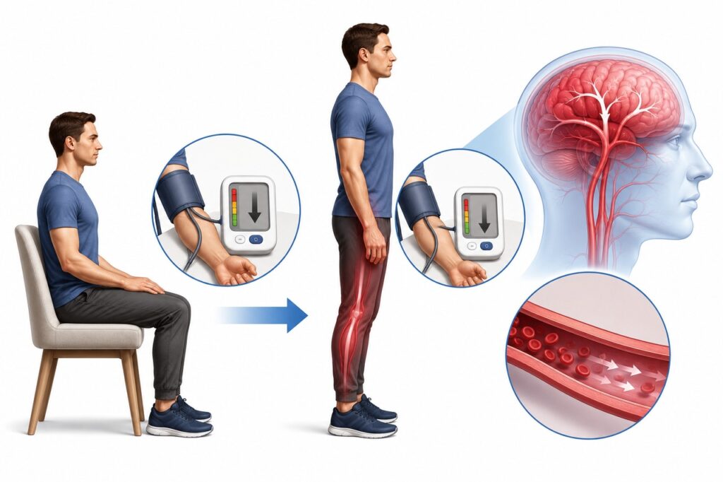 Na hipotensão postural, a pressão pode cair logo após ficar em pé.