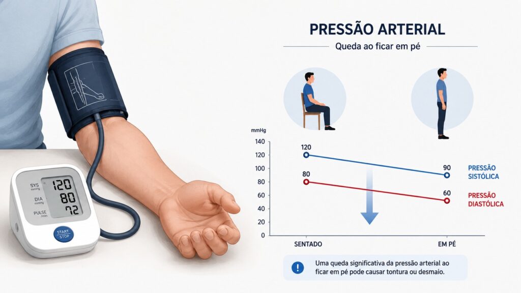 Medir a pressão após levantar ajuda a identificar sinais de hipotensão postural.