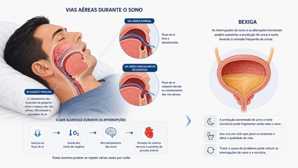 A apneia do sono pode fragmentar o descanso e aumentar as idas ao banheiro à noite.