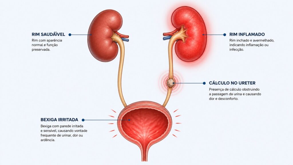 Infecção urinária, pedra e infecção nos rins podem afetar partes diferentes do trato urinário.