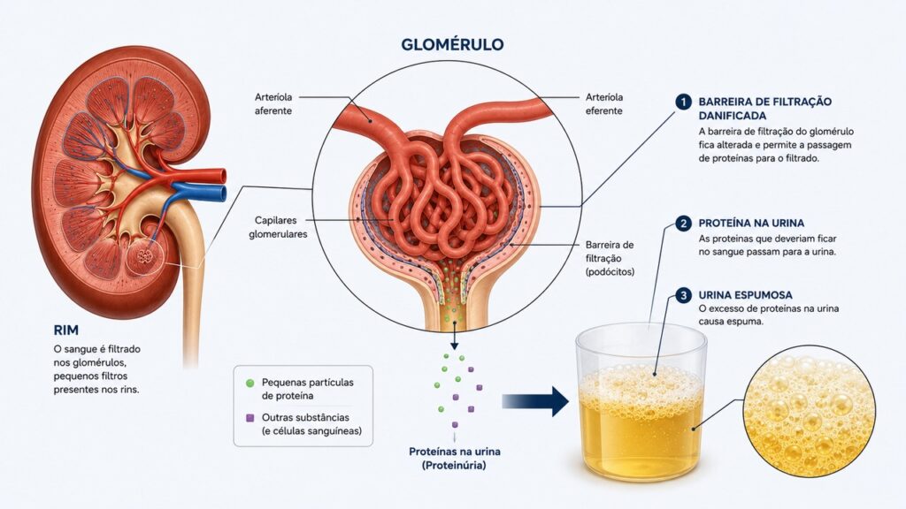 A proteinúria acontece quando proteínas passam pelos filtros dos rins e aparecem na urina.