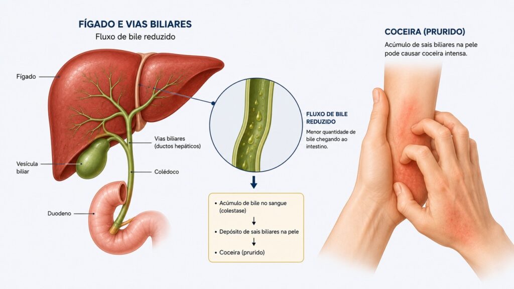 Alterações no fluxo da bile podem causar coceira intensa mesmo sem lesões visíveis na pele.