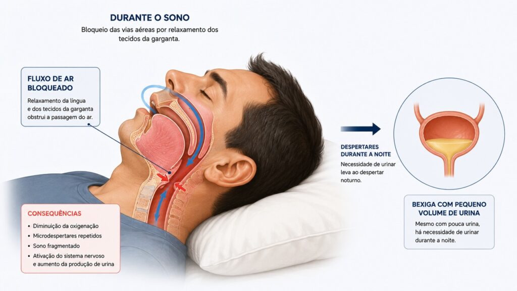 A apneia do sono pode fragmentar o descanso e fazer a pessoa acordar antes de perceber vontade de urinar.
