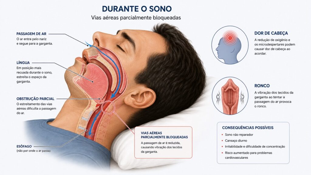 Na apneia do sono, a obstrução das vias aéreas pode causar despertares, boca seca e dor de cabeça matinal.