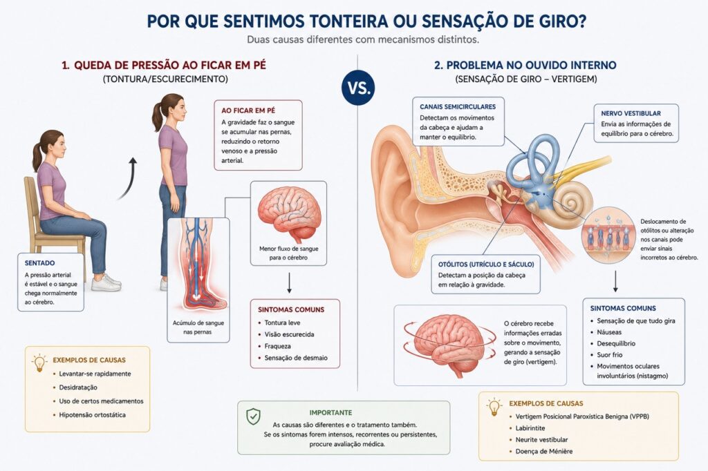 Queda de pressão costuma causar quase desmaio, enquanto alterações vestibulares provocam sensação de giro.