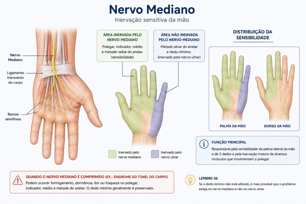 No túnel do carpo, o formigamento costuma seguir o trajeto do nervo mediano e poupar o dedo mínimo.