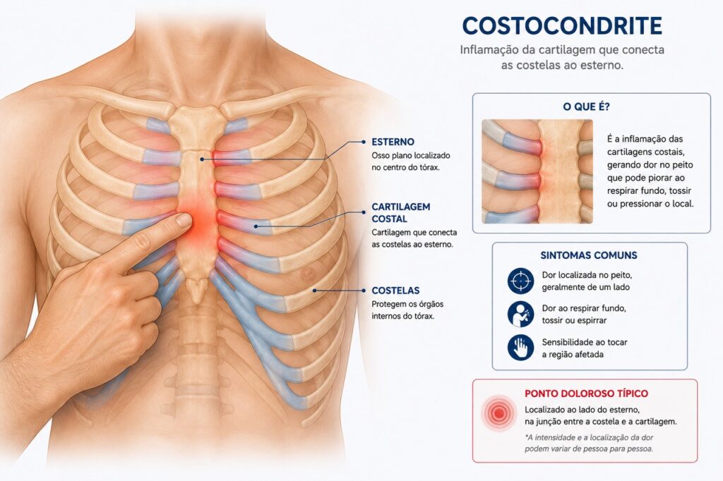 Na costocondrite, a dor costuma aparecer na junção entre as costelas e o osso do peito.
