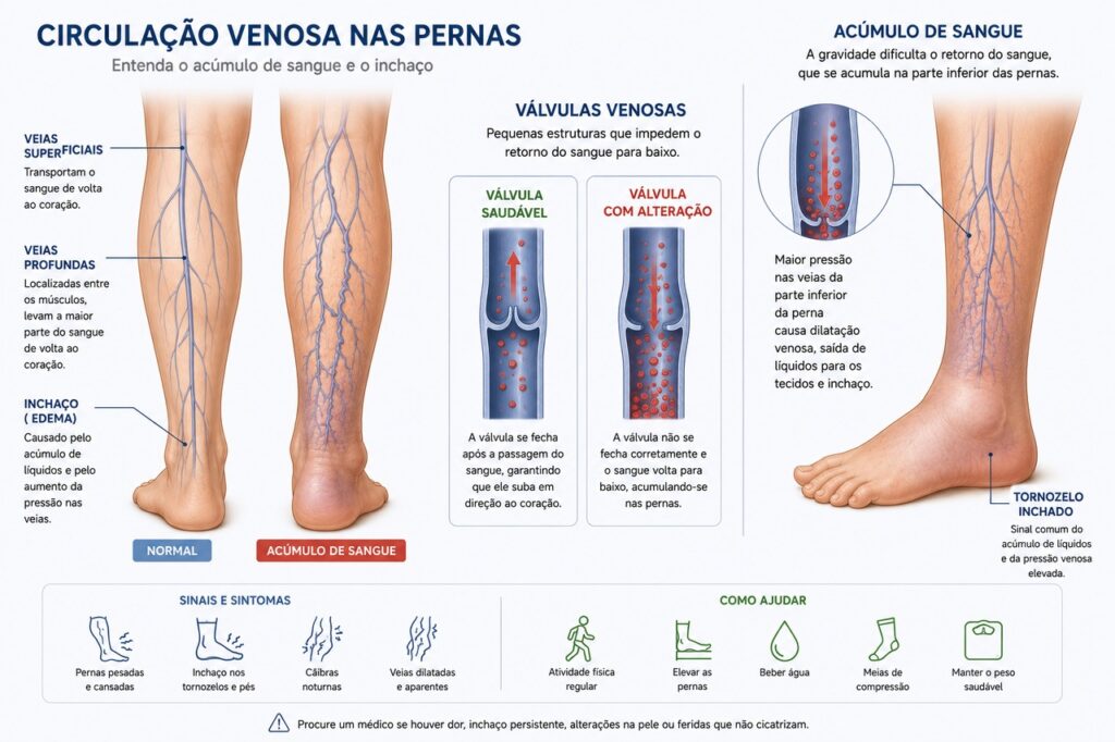Na insuficiência venosa, o sangue tende a se acumular nas pernas e agravar peso e inchaço ao longo do dia.