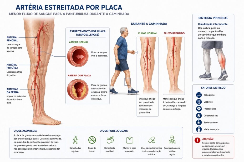 Na claudicação intermitente, a panturrilha pode doer porque recebe menos sangue durante o esforço.