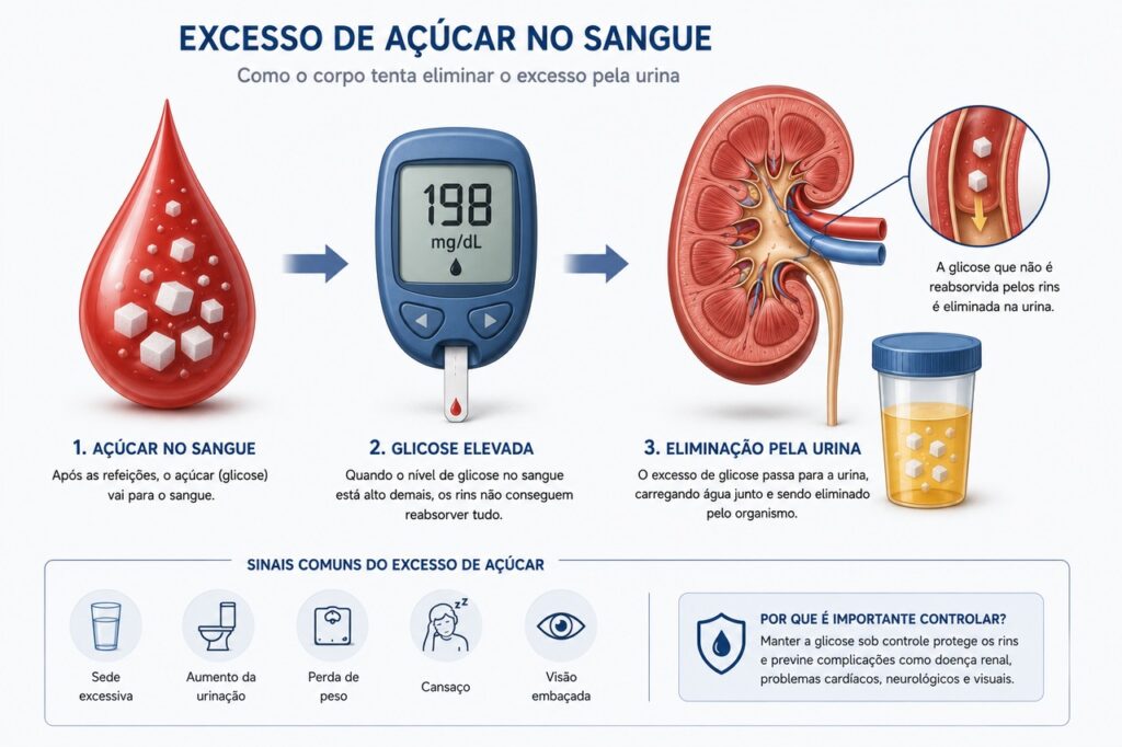 Quando a glicose está alta, os rins eliminam mais açúcar e água pela urina.