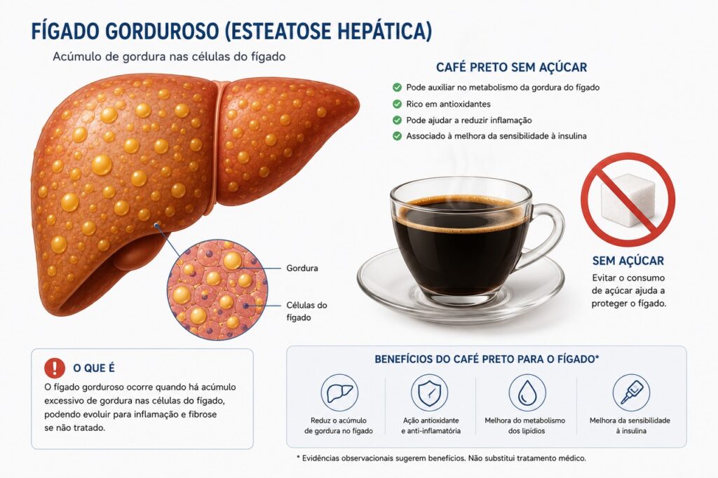O café sem açúcar pode ser uma escolha melhor que bebidas adoçadas, mas não trata o fígado gorduroso sozinho.