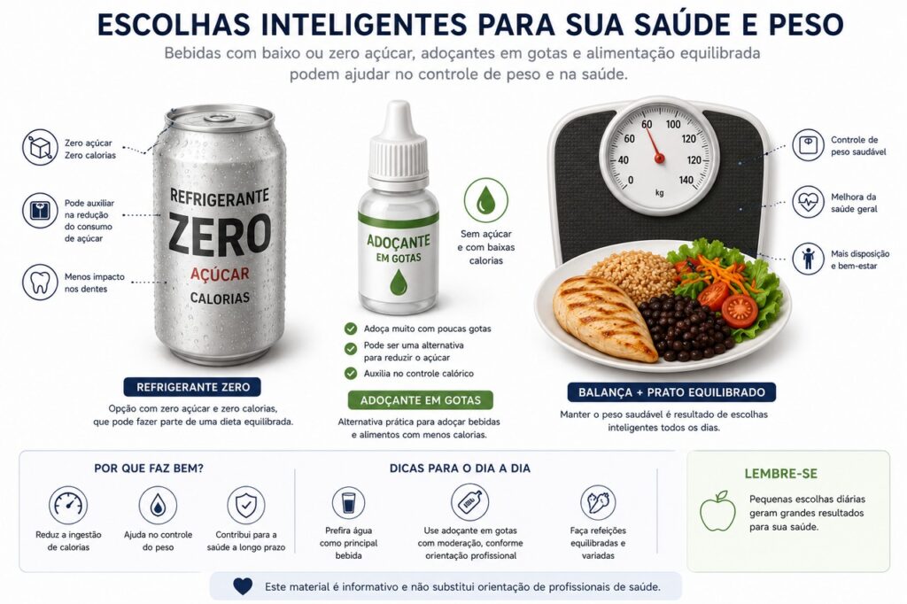 Adoçantes podem fazer parte de trocas pontuais, mas não substituem uma rotina alimentar equilibrada.