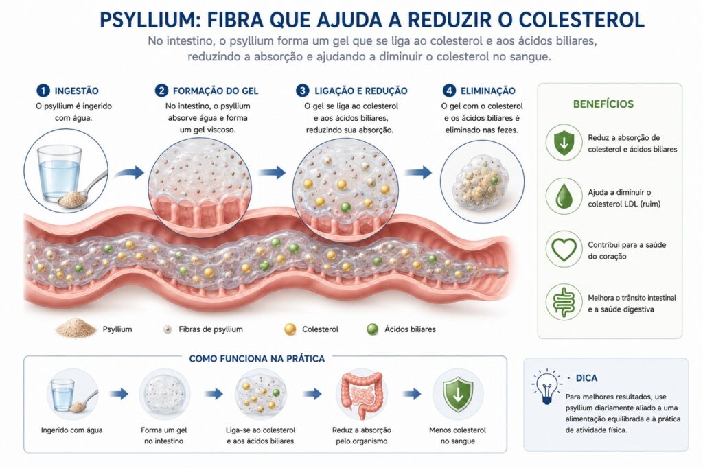 A fibra solúvel do psyllium forma um gel que pode ajudar na eliminação de compostos ligados ao colesterol.