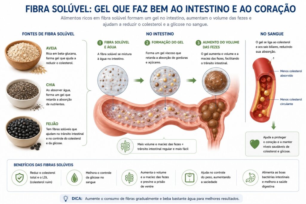 Fibras solúveis ajudam no colesterol, enquanto o aumento de volume favorece o trânsito intestinal.
