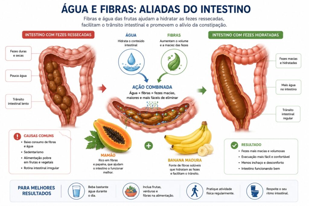 Fibras e água ajudam a melhorar a consistência das fezes e o trânsito intestinal.