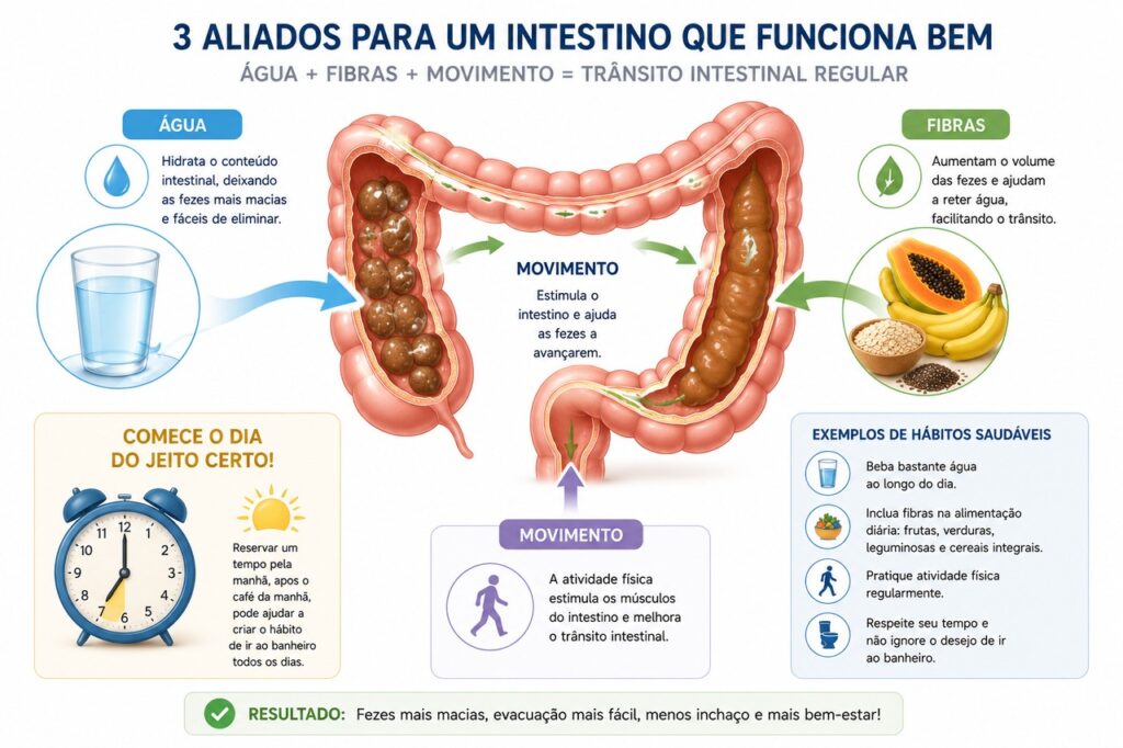 Água, fibras e rotina regular ajudam a favorecer o trânsito intestinal.