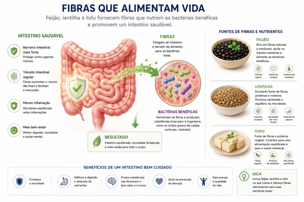Proteínas vegetais combinadas com fibras podem favorecer saciedade e microbiota intestinal.