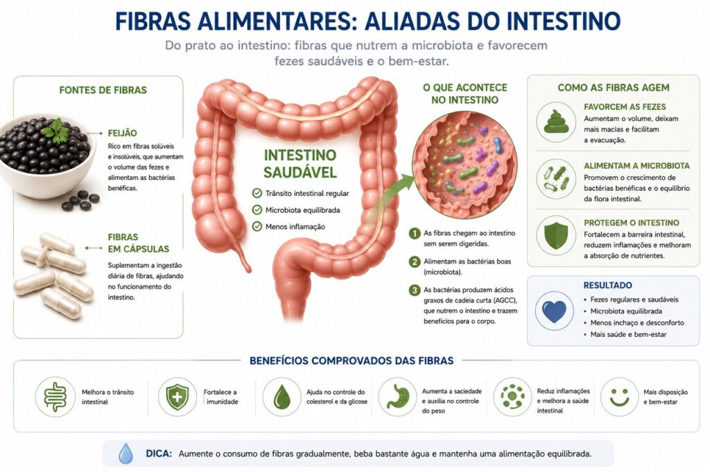 O feijão entrega fibras, proteína vegetal e compostos que ajudam a microbiota intestinal.