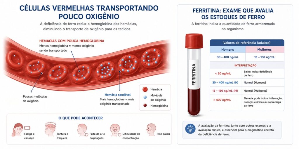 O ferro ajuda na produção de hemoglobina e no transporte de oxigênio pelo corpo.