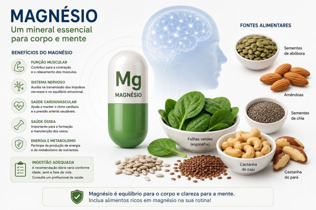 Fontes alimentares e suplementação de magnésio devem ser avaliadas com segurança.
