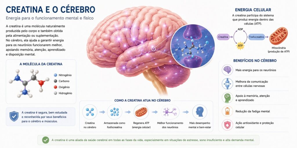 A creatina é estudada por seu possível papel na energia celular do cérebro.