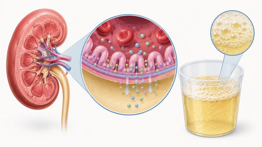 A perda de proteína pela urina pode estar relacionada a alterações na filtragem dos rins.
