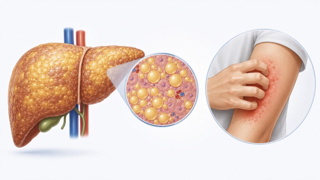 Alterações no fígado podem causar sintomas abdominais e sinais na pele.