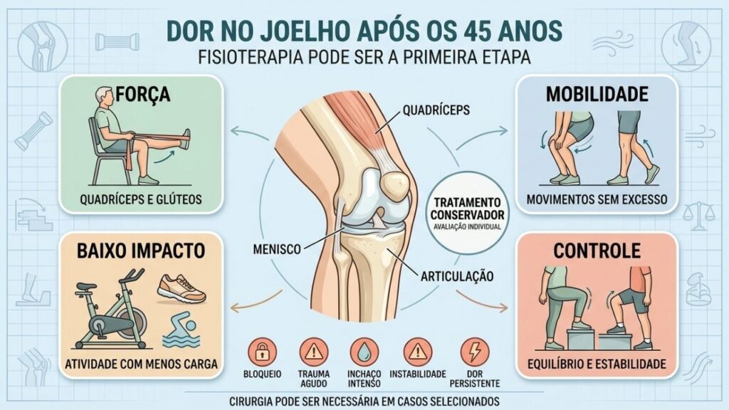 Força, mobilidade, baixo impacto e controle sustentam a reabilitação do joelho.