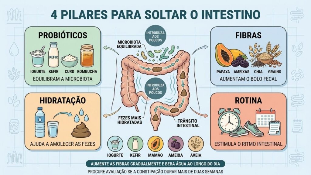 Quatro pilares combinam microbiota equilibrada, fibras, hidratação e rotina intestinal.