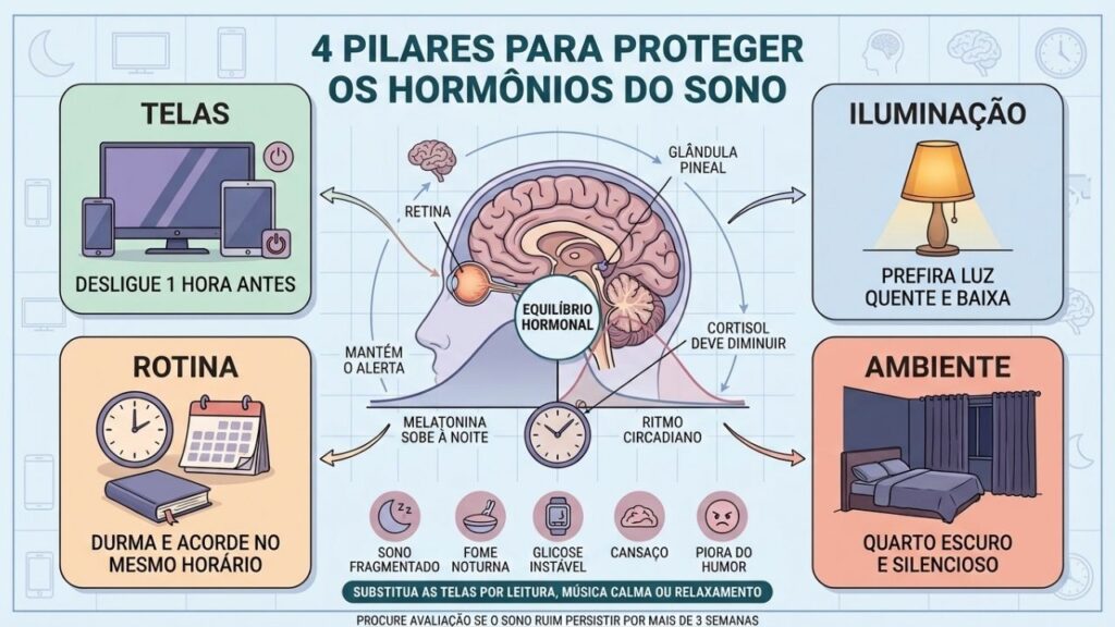 Melatonina, cortisol, rotina noturna e ambiente escuro protegem o sono.