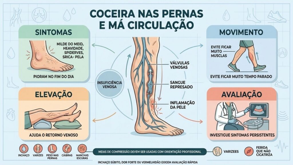 Sintomas, movimento, elevação das pernas e avaliação protegem a circulação venosa.
