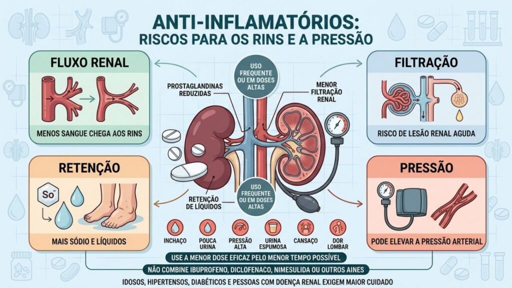 Menor fluxo renal, retenção e pressão elevada resumem os principais riscos.