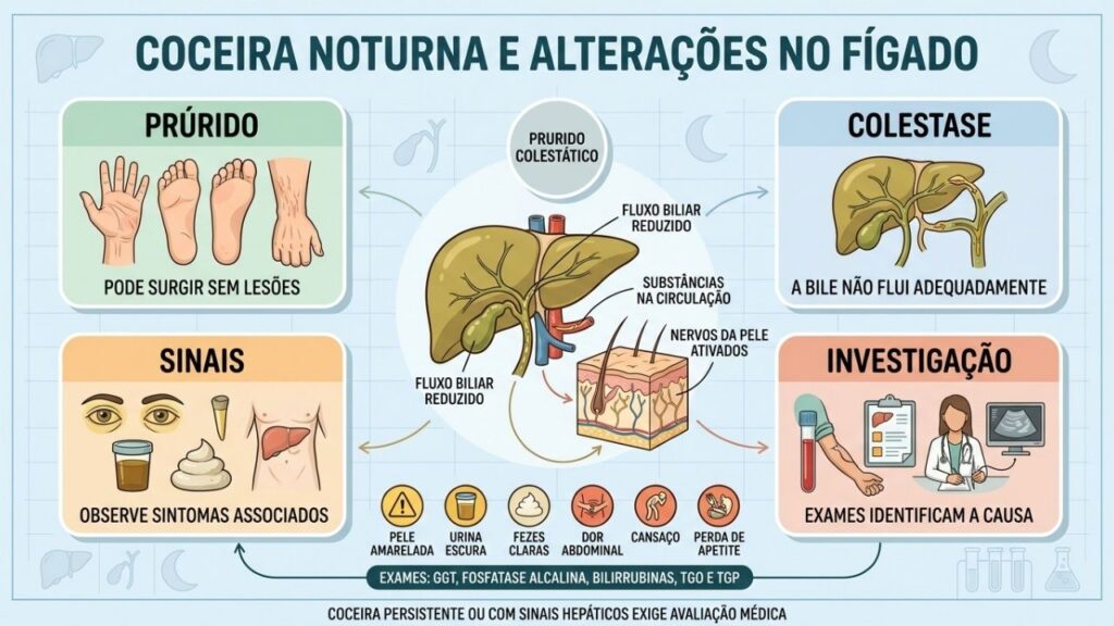 Prurido, colestase, sinais associados e exames orientam a investigação hepática.