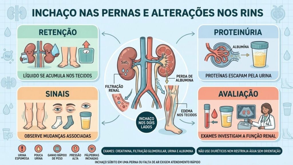 Retenção, proteinúria, sinais associados e exames orientam a investigação dos rins.