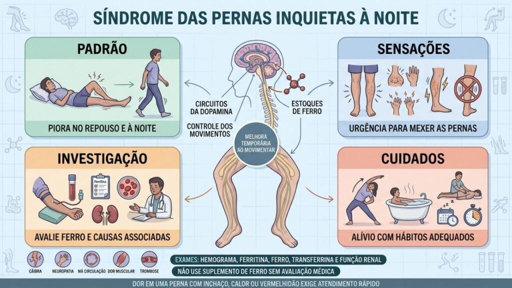 Padrão noturno, sensações, exames e cuidados orientam a investigação das pernas inquietas.