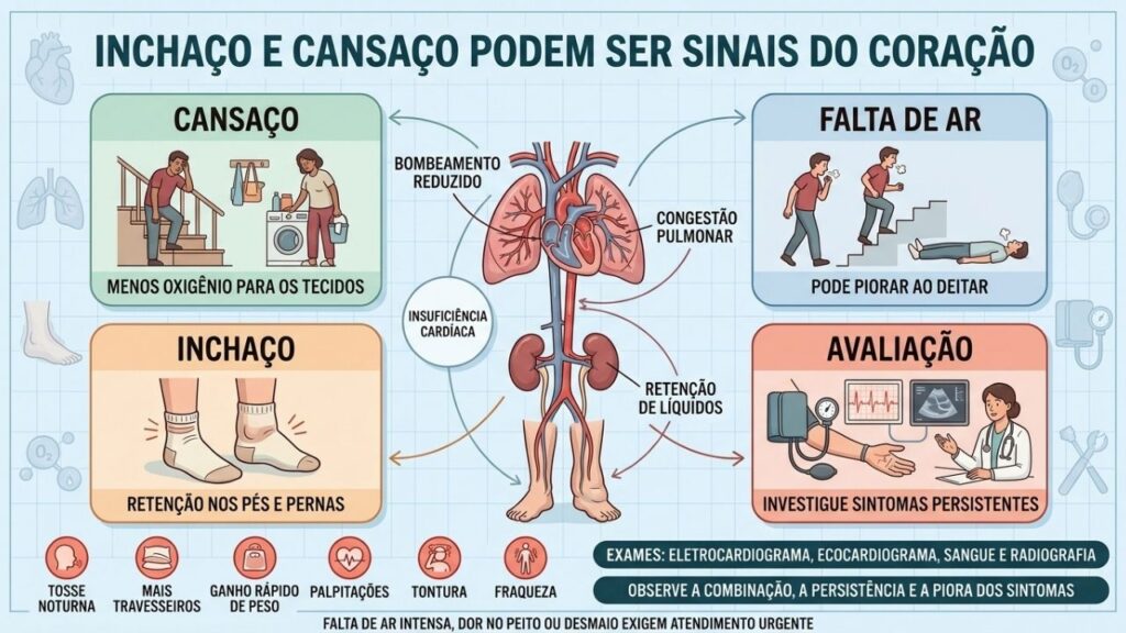 Cansaço, falta de ar, inchaço e exames orientam a investigação cardíaca.