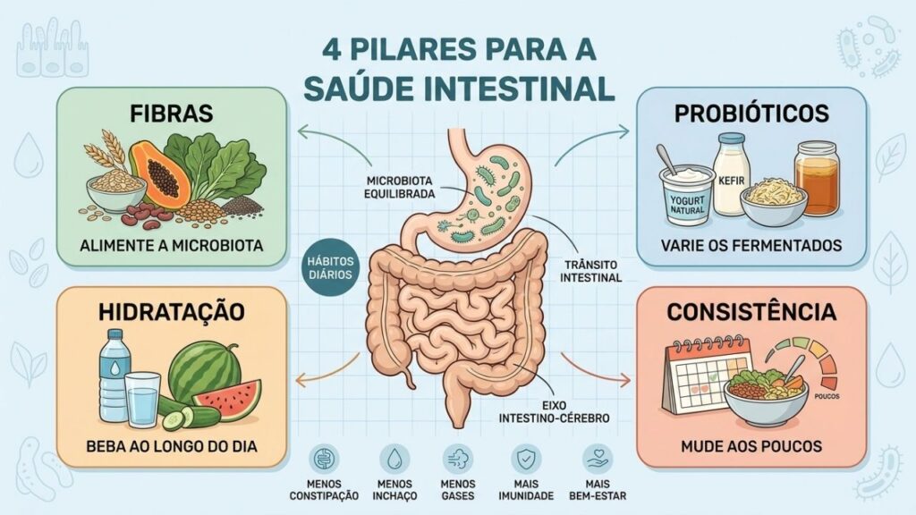 Quatro pilares favorecem microbiota equilibrada, hidratação adequada e trânsito intestinal regular.