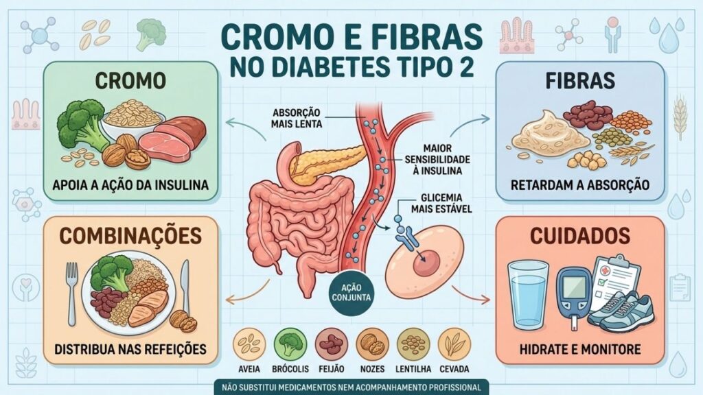Cromo, fibras, combinações equilibradas e monitoramento fortalecem o controle glicêmico diário.